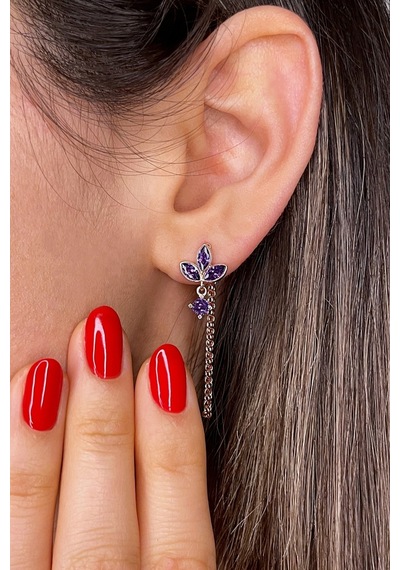 925 Ayar Gümüş Tasarım Zincirli Rose Mor Lotus Küpe - 12111100 Rose Gold