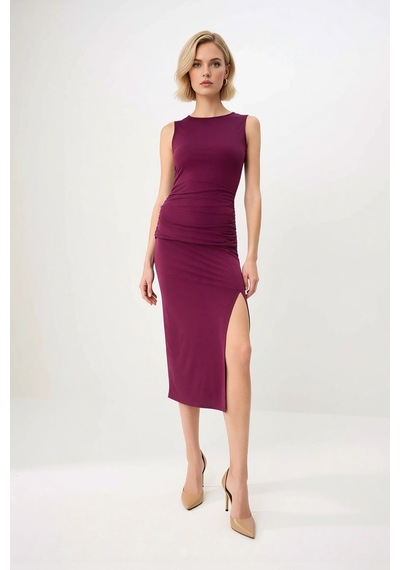 Benerly Kadın Kolsuz Balıkçı Yaka Bodycon Maxi Elbise Astarlı Micro Dokum Mürdüm