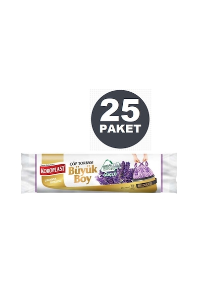 Koroplast Ekstra Güçlü Lavanta Büzgülü Büyük Boy 10Lu Çöp Torbası X 25 Paket (65*70 Cm)