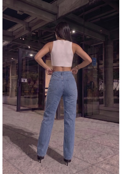 Kadın Mavi Likralı Yüksek Bel Önü Full Taşlı Wide Leg Geniş Paça Jean Kot Pantolon