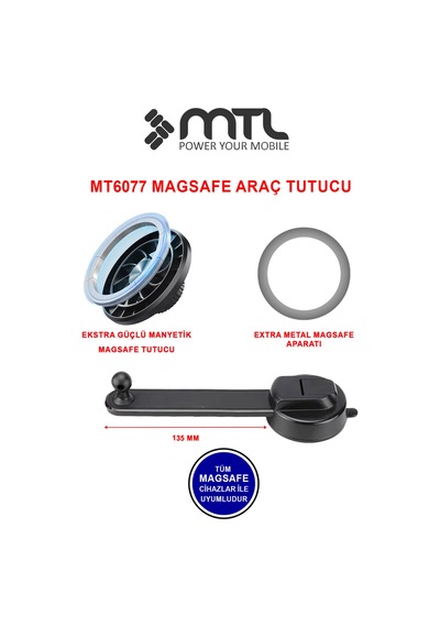 Magsafe Uyumlu Güçlü Dayanıklı Manyetik Araç İçi Telefon Tutucu Ayarlanabilir Kol Yapışkan Vantuslu Siyah