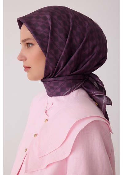 Belli Geometrik Desen %100 Twill İpek Eşarp Be25 Mor