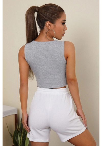 Angbutik Kadın Gri Kare Yaka Crop Top Bluz