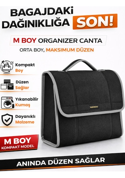 Oto Bagaj Organizer Bagaj Çantası M Boy Kaymaz Cırt Bantlı Velur Kompakt - Siyah Gri