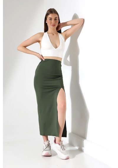 Winmoda34 Kadın Önden Derin Yırtmaçlı Dalgıç Etek Full Likralı Maxi Boy 92 Cm Haki