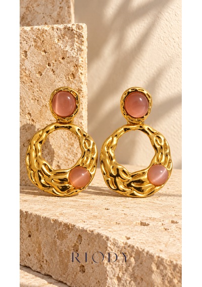 Riody Rose Velours Gold Renkli Pudra Pembe Kedi Gözü Görünümlü Kadın Küpe Altın - Sarı