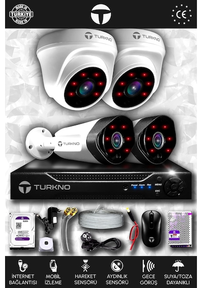 Turkno 4 Kameralı Galia 2 İç Kamera Set 250 GB HDD Full HD Gece Görüşlü Güvenlik Kamerası Sistemi