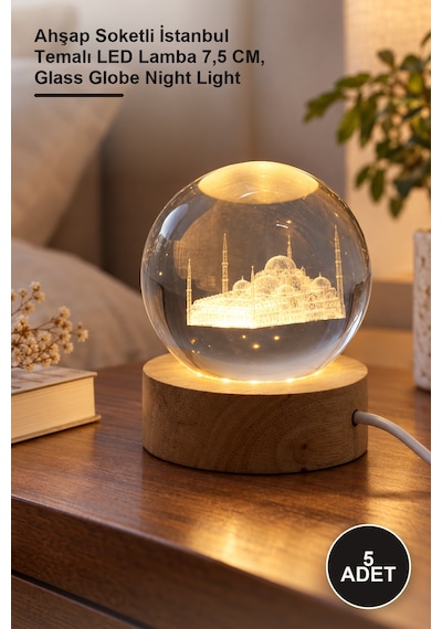 5 Adet 3d Kristal Cam Küre Ahşap Soketli İstanbul Temalı Led Lamba 7,5 Cm, Glass Globe Night Light