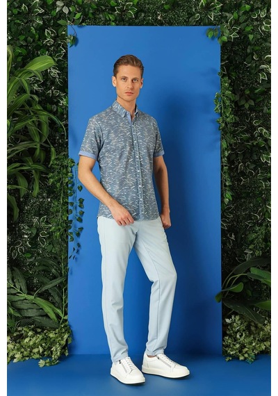Efor Slim Fit Düğmeli Yaka Desenli Kısa Kol Pamuk Mavi Gömlek G 1499 Mavi