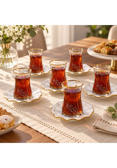 Zarif Çiçekli Çay Takımı 6 Kişilik 12 Parça Gold Detaylı Beyaz