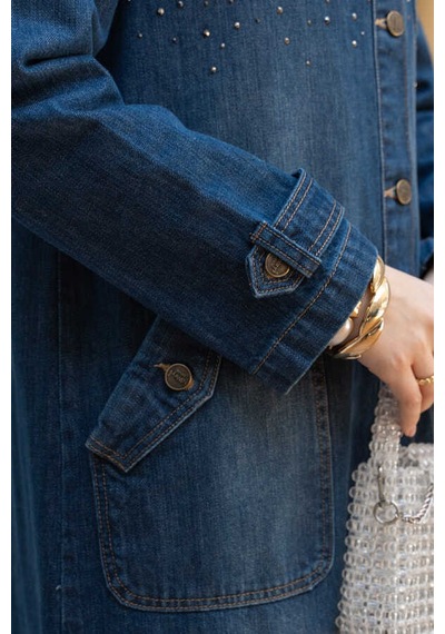 6329-taşlı Denim Kapşonlu Kap Koyu Mavi Koyu Mavi