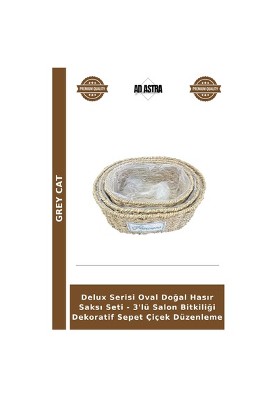 Delux Serisi Oval Doğal Hasır Saksı Seti - 3'lü Salon Bitkiliği Dekoratif Sepet Çiçek Düzenleme