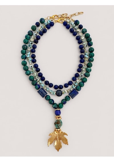 El Yapımı Lapis Lazuli, Azurit & Sedef Doğal Taş Kolye Seti Mavi - Yeşil