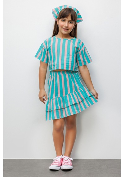 Le Mabelle Mint Çizgili Kız Çocuk Crop Etek İkili Takım - Cora Mint