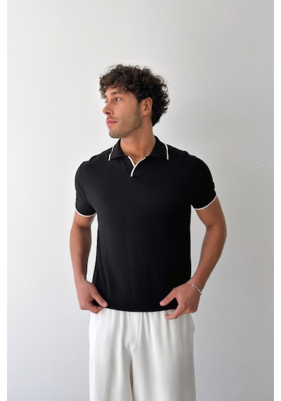 Flaw Polo Yaka Biyeli Triko Tişört-29369 Siyah