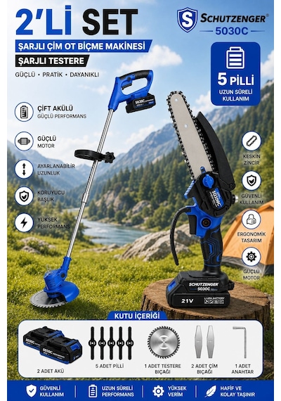 Schutzenger 5030C Şarjlı Ot Çim Biçme Tırpanı Ve Şarjlı Dal Budama Kesme Zinçirli Testere 15cm Pala Çift Akülü Mavi