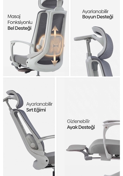 Yatomi Masajlı Ergonomik Çalışma Sandalyesi - Gri