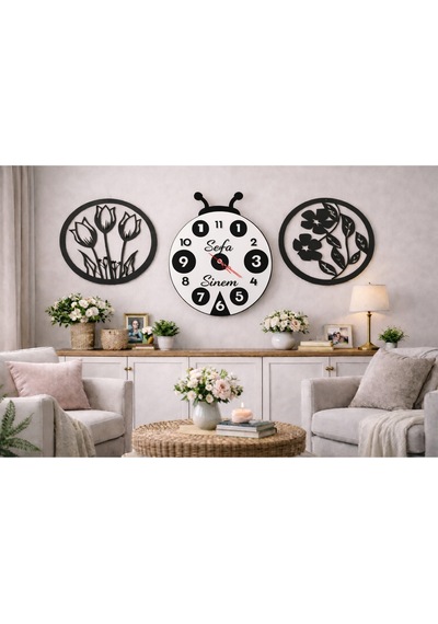 Duvar Saati 40 Cm Çiçekler 30 Cm Canım Ailem Temalı No52 Çok Renkli