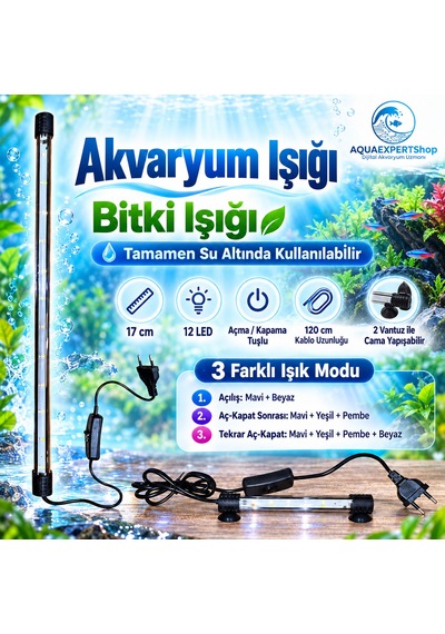 Akvaryum Işığı - Balık Işığı - Bitki Işığı - 17 Cm - 12 Led - Tamamen Su İçinde Kullanılabilir - 3 Modlu - 2w - Mükemmel Işık