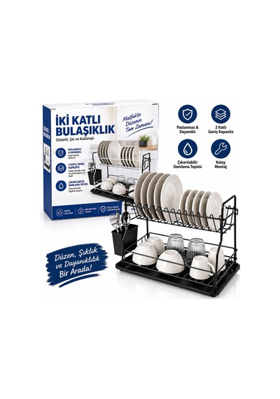 Siyah - Metal 2 Katlı Tabaklık - Bulaşıklık Bx40 Renkli