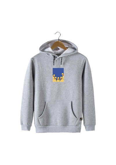 Unisex Gri Kapüşonlu Önü Ördek Baskılı Slim Fit Kanguru Cepli Sweatshirt Gri