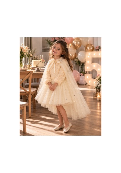 Ministok Shine Rose Pelerinli Kız Çocuk Özel Gün Elbisesi Ekru