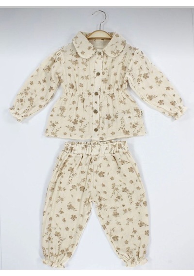 Babyhola Çiçek Desenli Müslin Kız Bebek Bayramlık Takım İkili Set 2013 Bej