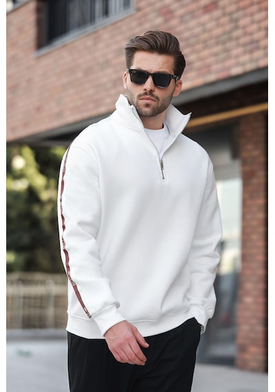Madmext Ekru Fermuarlı Yarım Balıkçı Yaka Erkek Sweatshirt E7164 Ekru