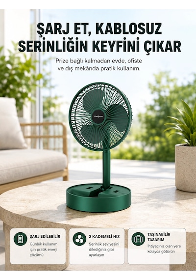 Zenvia Katlanabilir Şarjlı Mini Fan 3 Kademeli Hız Ayarlı Taşınabilir Znv2026