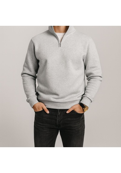 Yarım Fermuarlı Erkek Polar Sweatshirt - Sıcak Tutan , Rahat Kalıp Açık Gri