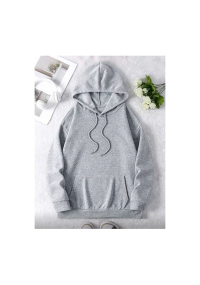 Herkesemoda Arka Baskı Detaylı İçi Polarlı Kapüşonlu Sweatshirt Gri