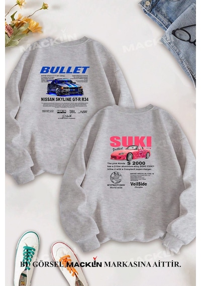 Macklin Sevgili Çift Kombin Hızlı Ve Öfkeli Bullet & Suki Sırt Baskılı Bisiklet Yaka Sweatshirt 2li Takım Gri Mck1329 Gri