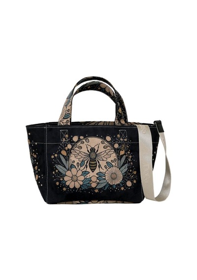 Kadın Vegan Deri Siyah Medium Tote Bag - Bee With Flowers Tasarım Siyah