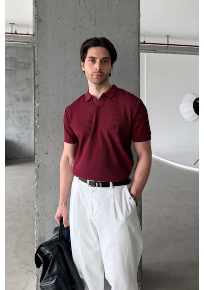 Erkek Petek Desen Polo Yaka Triko T-shirt Bordo