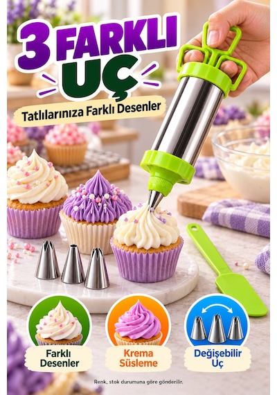 Pasta Süsleme Seti Krema Şırıngası Çelik Gövde Üç Uçlu Spatula Kek Cupcake Dekorasyon Mutfak Aparatı Çok Renkli
