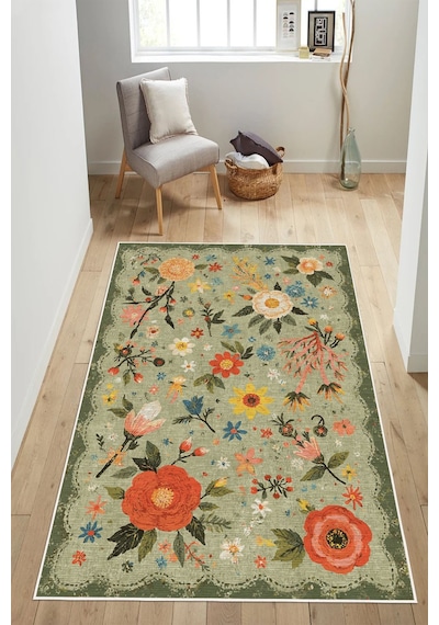 Floral Desen Baskılı Kaymaz Yıkanabilir Salon Oturma Odası Mutfak Antre Halısı Yolluk Yeşil