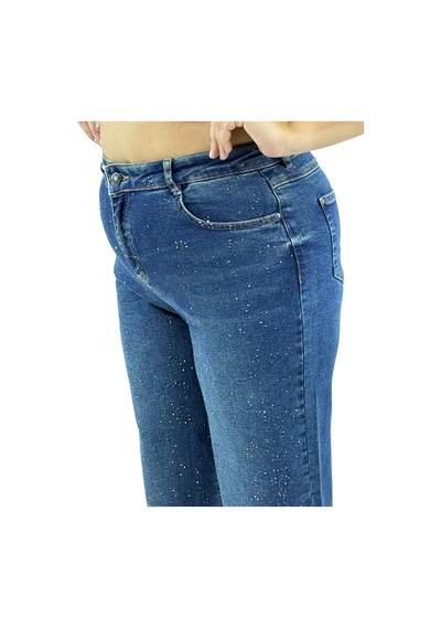Büyük Beden Denim Toparlayıcı Yüksek Bel Taşlı Geniş Paça Kadın Pantolon Mavi
