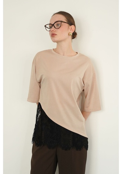 Verymoda D 2985 Dantel Detaylı Çizgili T Shırt D2985 Taş