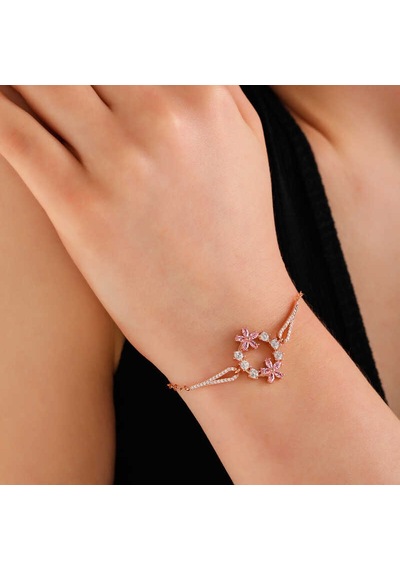 Gümüş Rose Pembe Çiçek Kadın Bileklik