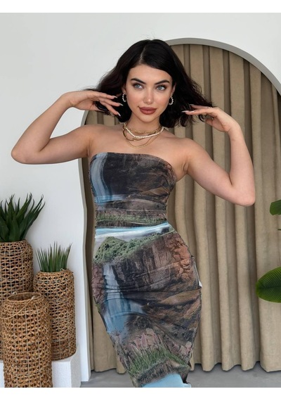 Dogutrend Mountain Straplez Tül Elbise Desenli