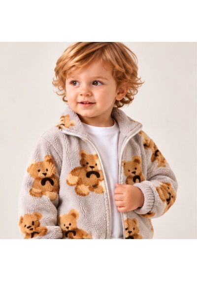 Maxx Kelın Erkek Bebek Ayıcık Desenli Peluş Mont Ve Taba Pantolon 2'li Takım Gri 9-12-18 Ay