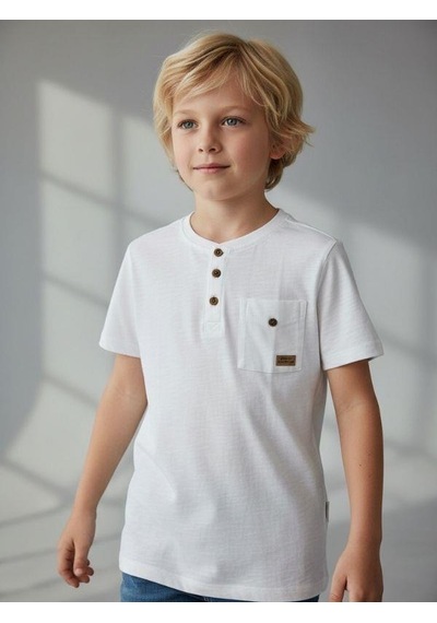 Zekids Erkek Çocuk Pamuklu Düğmeli Basic T-shirt-16780 Ekru