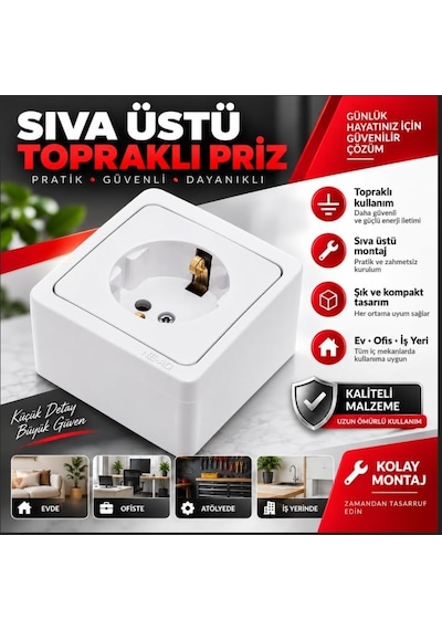 Sıva Üstü Topraklı Priz Kaliteli Ve Dayanıklı Elektrik Prizi Beyaz 0
