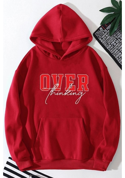 Uyguntarz Unisex Over Thinking Baskılı Sweatshirt Kırmızı