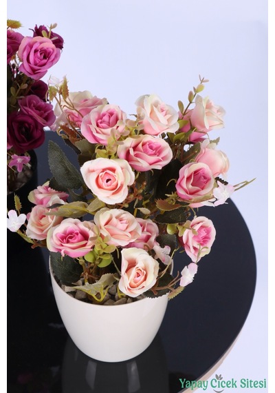 Yapay Çiçek Sitesi Plastik Saksıda Yapay Çalı Gülü Tanzimi 2'li Set 30 Cm Fuşya Mor - Somon Pembe