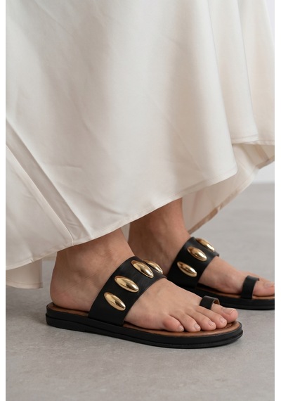 Giamgia Store Giamgia Kadın Siyah Altın Zımbalı Düz Parmak Arası Terlik-2403