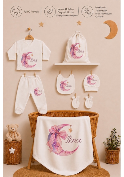 Pia Baby Kız Bebek İsimli Hastane Çıkışı 8 Parça Zıbın Seti %100 Pamuk Battaniye Yastık Kılıfı Keseli 1068zybk0x Krem