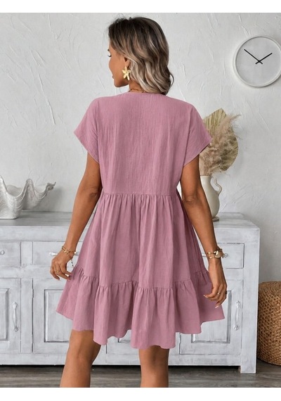 De'charme Kadın Kısa Kollu V Yakalı Fırfırlı Kısa Elbise Pembe