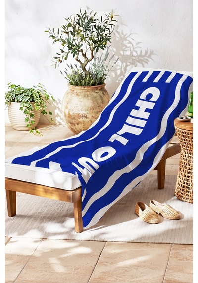 Mavi Beyaz Chill Out Motto Plaj Havlusu - Modern Dalga Çizgili Hızlı Kuruyan Mikrofiber Havlu Yağmur Köpüğü