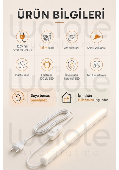 220v Günışığı Led Bar 100 Cm Fişli Anahtarlı Yapışkanlı Tezgah Altı Dolap İçi Aydınlatma